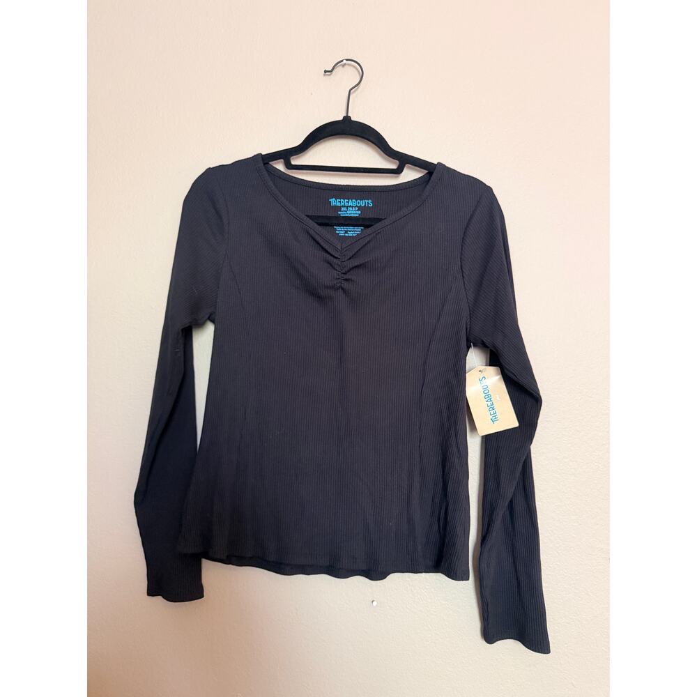 Thereabouts Girl Black Ribbed Long Sleeve Top Ruched Front Stretch Shirt 2XL NWT